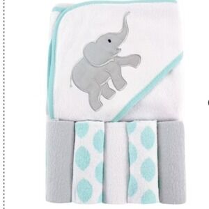 Luvable Friends Baby Gift Set Hooded Towel 5 Washcloths Elephant Aqua White